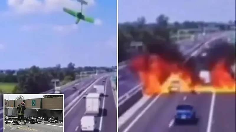 سقوط طائرة صغيرة بإيطاليا يتسبب بحريق ضخم على طريق سريع .. فيديو