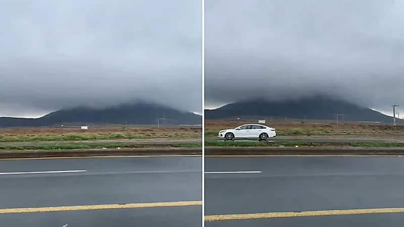 منظر مهيب لسحابة ضخمة تغطي جبل عكوة ..فيديو
