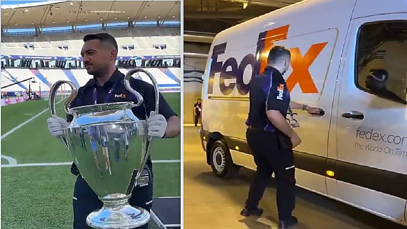 لحظة وصول كأس أبطال أوروبا للملعب بواسطة فيدكس..فيديو