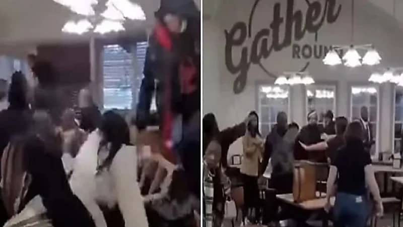 بالفيديو.. 40 شخص يتشاجرون على شريحة لحم داخل مطعم