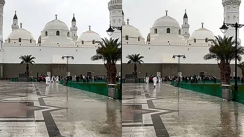 أمطار الخير تكسو مسجد قباء بجمالها في المدينة المنورة.. فيديو