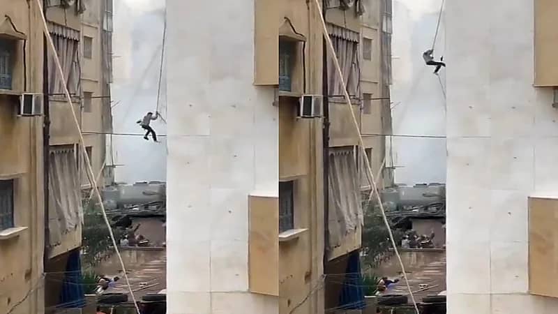نجاة لبناني سقط أثناء محاولته الهروب من حريق الحمرا.. فيديو