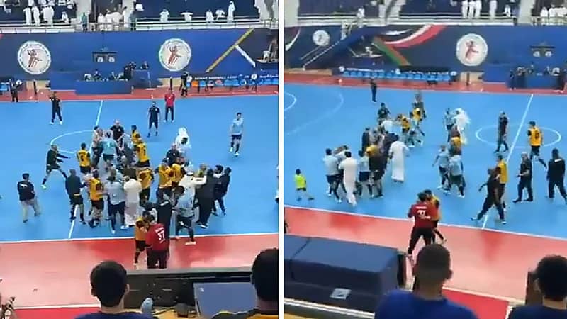 مشاجرة عنيفة بين لاعبي القادسية وكاظمة بنصف نهائي كرة اليد .. فيديو