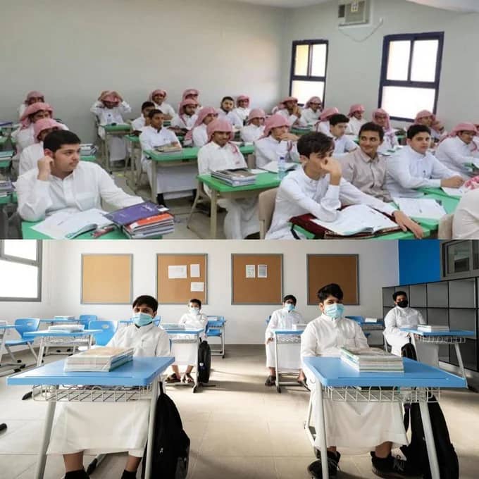 صورة تُظهر الفرق في مقاعد الدراسة قبل جائحة كورونا وبعدها
