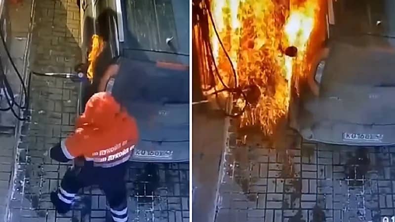 بالفيديو.. لحظة اشتعال سيارة خلال تعبئة الوقود