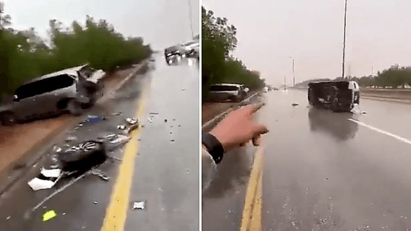 شاهد .. ما حدث لمواطنين أثناء توثيق نجاتهما من حادث مروري