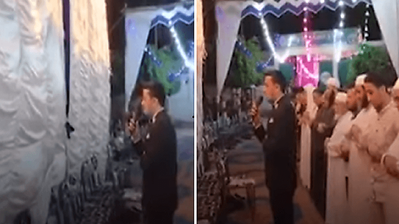شاهد.. عريس يوقف حفل زفافه لإقامة صلاة العشاء ويؤم المصلين