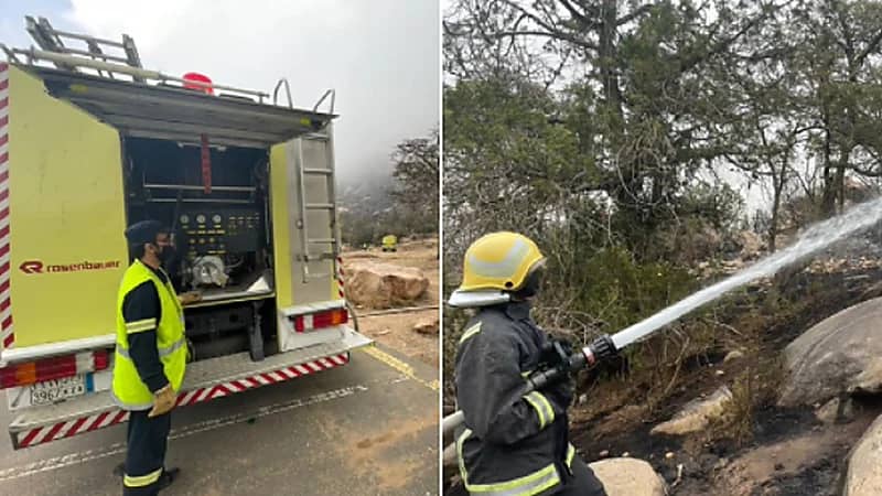 بالصور.. مدني عسير يواصلون إخماد حريق منتزهي الأمير سلطان والجرة