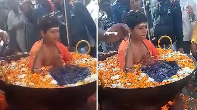 شاهد.. طفل يجلس في إناء به ماء مغلي والنار أسفله دون أن يشعر بشئ