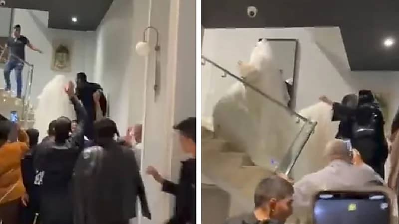 عروسان يحتفلان بحفل زفافهما داخل أحد الكافيهات في سكاكا.. فيديو