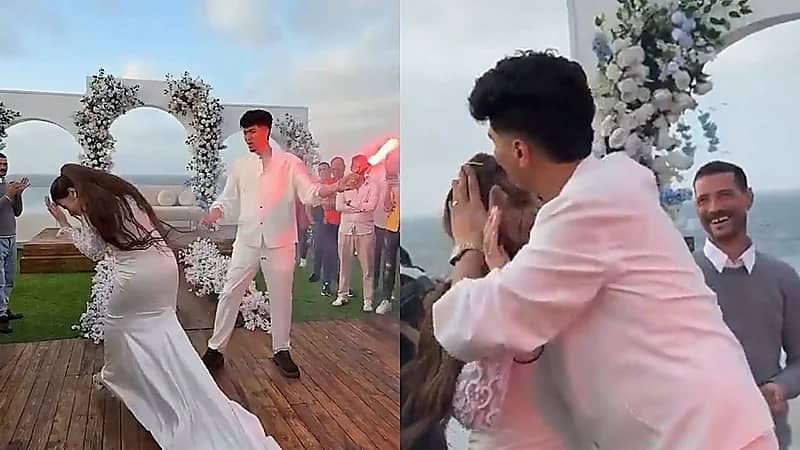 عريس يشعل النار في شعر عروسه عن طريق الخطأ .. فيديو