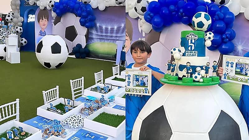عائلة طفل هلالي تنظم حفل ميلاده بشعارات الهلال وفعاليات مبهرة .. فيديو