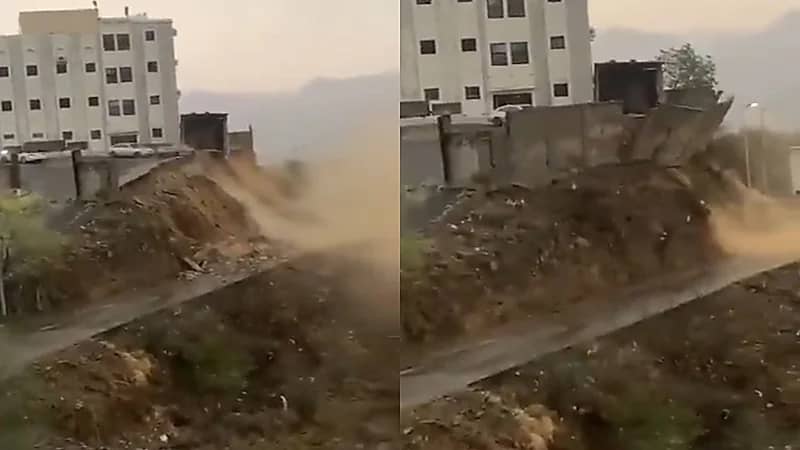 بالفيديو.. لحظة انهيار سور منزل بسبب الأمطار في جازان