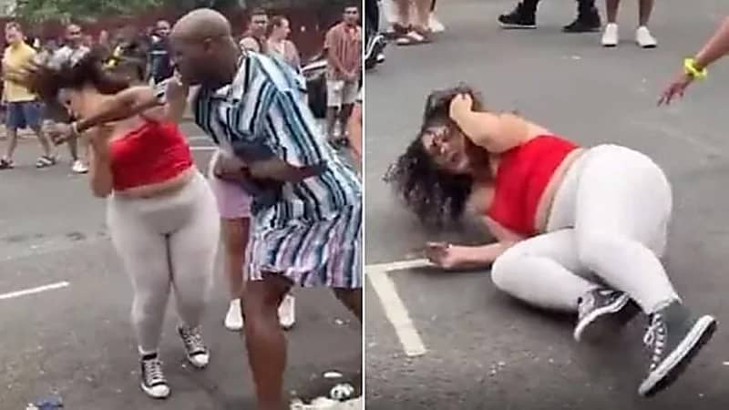 شاهد.. رجل يوجه لكمة عنيفة إلى امرأة وسط الشارع 