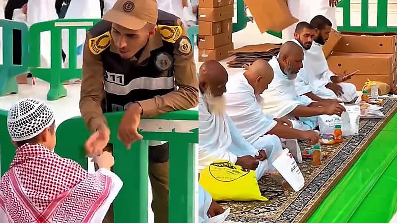 حارس أمني بالحرم المكي يستقبل طفل بالنقود والأخير يأخذها بسعادة ويركض .. فيديو