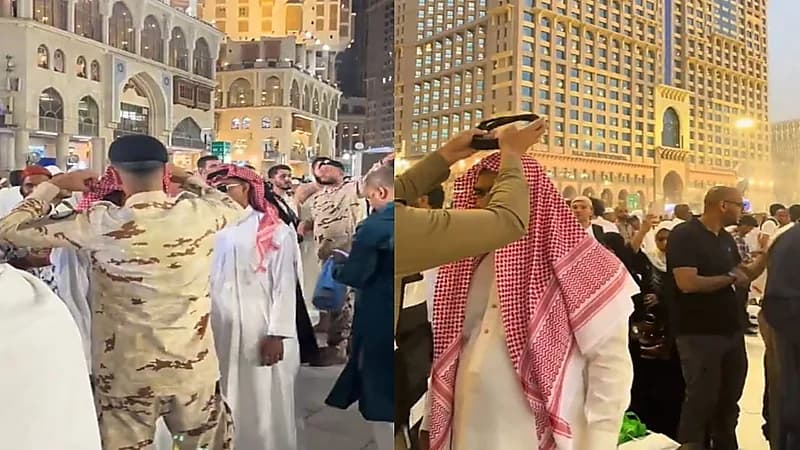 رجال الأمن يساعدون ضيوف الرحمن على ارتداء الزي السعودي في صباح العيد.. فيديو