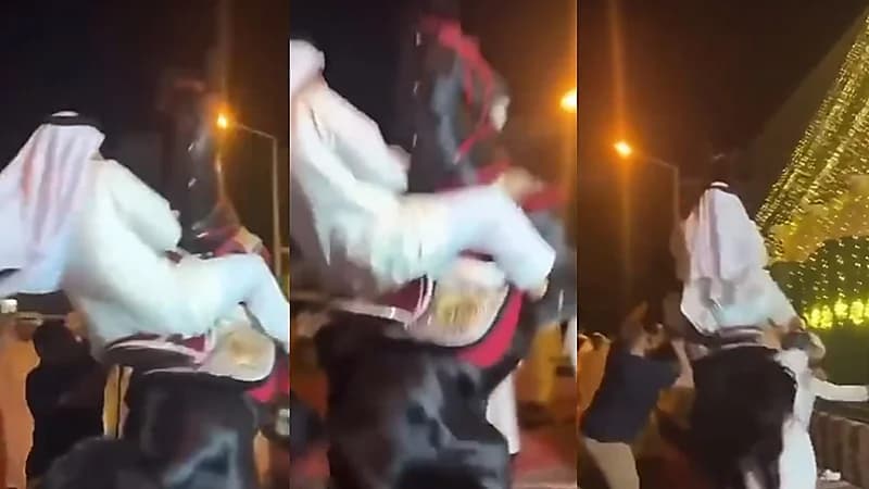 فيديو.. مواطن يفقد السيطرة على حصان ويصطدم بالحضور