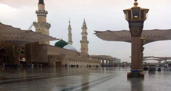 بالفيديو.. زوار المسجد النبوي يبتهلون إلى الله بالدعاء وسط الأمطار