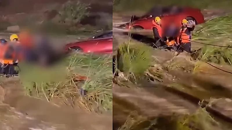 مدني الطائف ينقذ محتجزين في سيل ويعاقب قائد المركبة .. فيديو