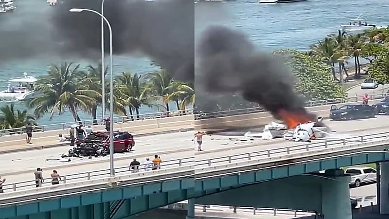 بالفيديو.. لحظة اصطدام طائرة صغيرة بجسر واحتراقها