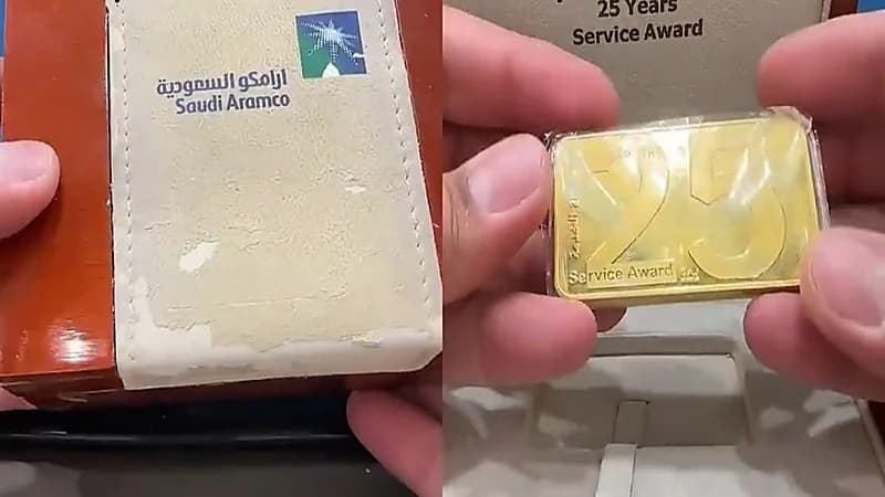 شخص يستعرض سبيكة ذهب مكافأة خدمة 25 سنة من أرامكو .. فيديو