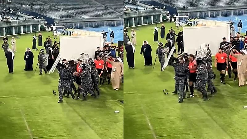 بالفيديو.. قوات خاصة تحمي حكم مواجهة القادسية والعربي بعد إلغائه لهدف