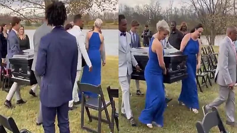 بالفيديو.. عريس يثير الجدل بسبب وصوله لحفل زفافه في "تابوت"