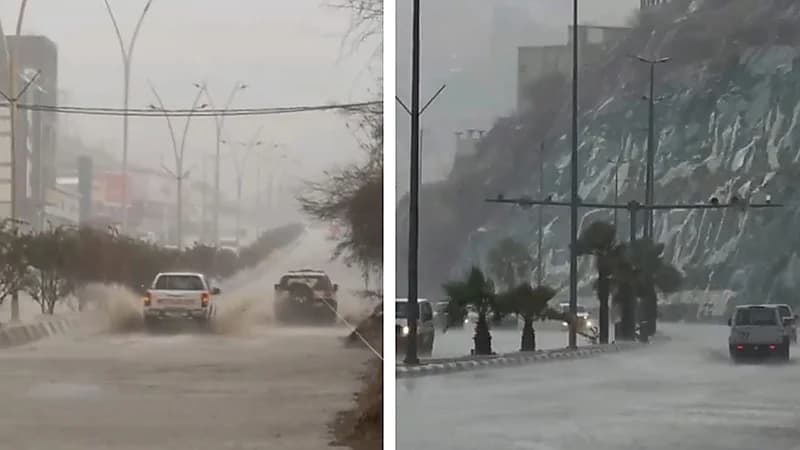 أمطار غزيرة تغمر شوارع الدائر بجازان .. فيديو