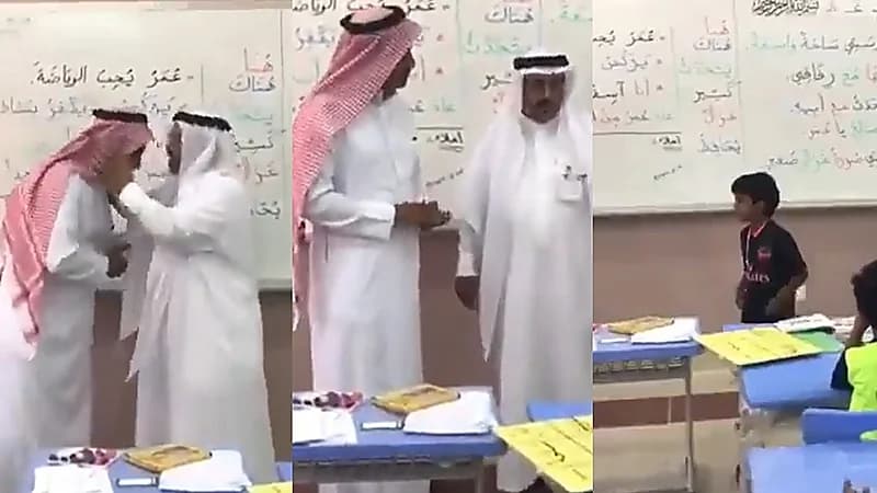 شاهد..مدير تعليم محايل عسير يقبل رأس معلم