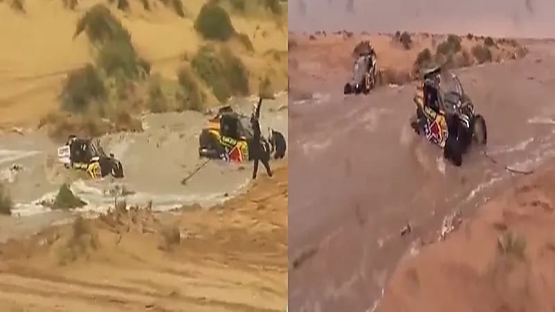 بالفيديو .. سيول تعيق متسابقين في رالي داكار