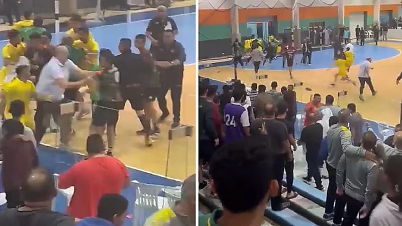 شاهد .. ضرب ولكمات عنيفة بين لاعبي الخليج والنور لكرة اليد