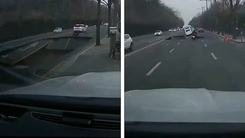 حفرة ضخمة تبتلع سائق دراجة نارية في كوريا الجنوبية .. فيديو