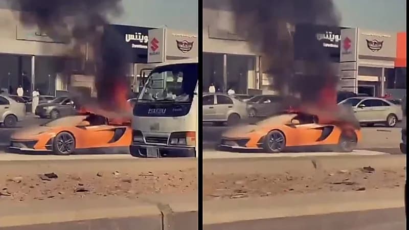 بالفيديو.. احتراق سيارة فارهة على طريق خريص بالرياض