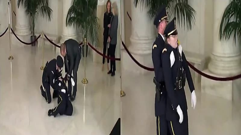 انهيار وسقوط حارسة الشرف أمام نعش قاضية أمريكية .. فيديو