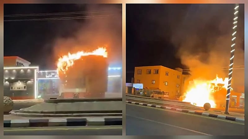 مواطن يخاطر بحياته لإنقاذ محطة وقود بالجمش.. فيديو