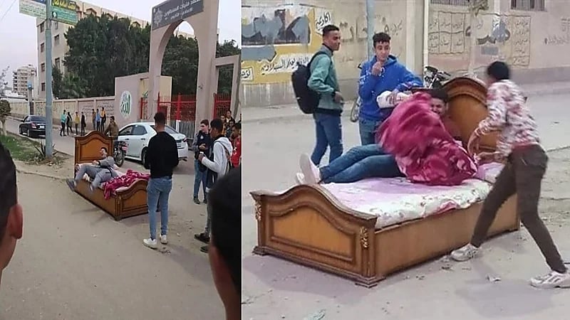 شاهد.. سرير وسط الشارع  أمام معهد للبنات يثير الجدل