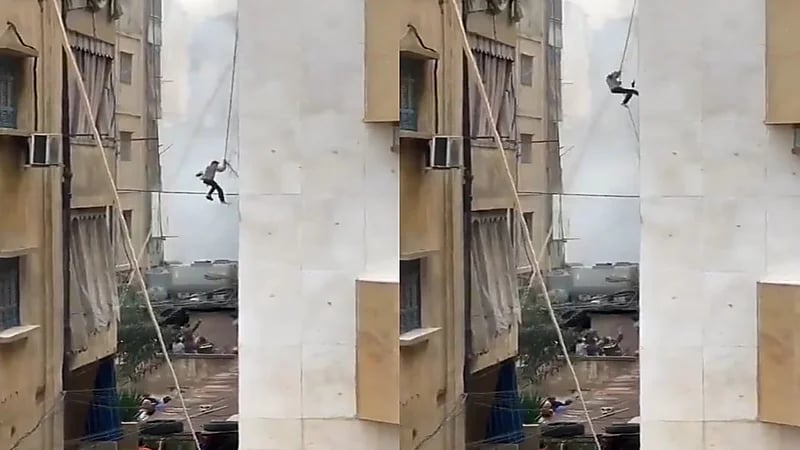 نجاة لبناني سقط أثناء محاولته الهروب من حريق الحمرا.. فيديو