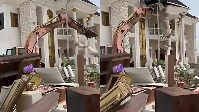 بالفيديو.. زوج يهدم قصره انتقاما من زوجته