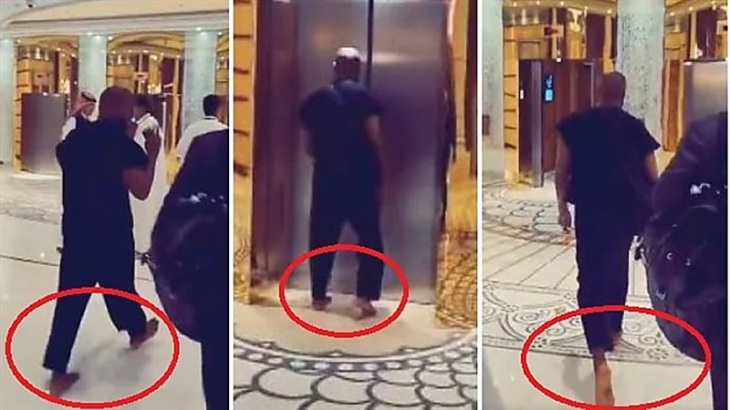 كاني ويست حافي القدمين في أحد فنادق الرياض..فيديو