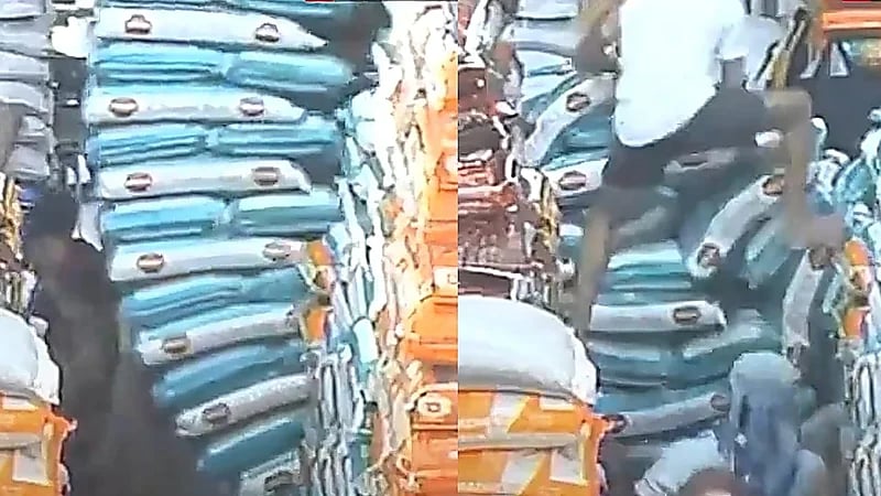 هندية كادت تفقد حياتها بعد سقوط 40 كيس أرز عليها  ..  فيديو