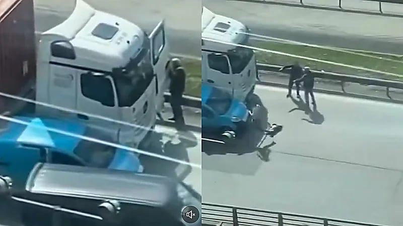 مشاجرة عنيفة بين سائق شاحنة وسائق مركبة بسبب أحقية الطريق  .. فيديو