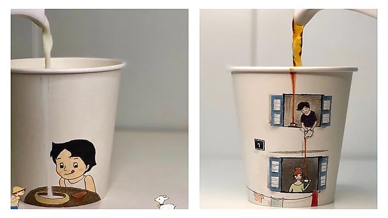 بالصور.. فنانة تشكيلية تصنع لوحات فنية من أكواب وأكياس الشاي