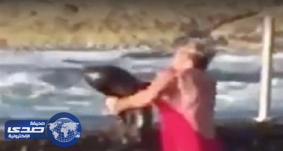 بالصور.. مشاجرة بين سيدة وسمكة قرش في حمام سباحة