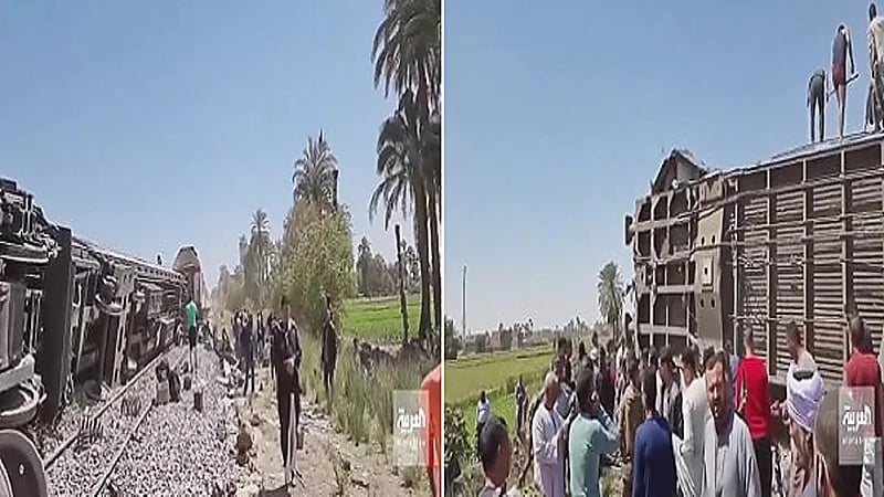 بالفيديو.. 32 وفاة وعشرات الإصابات إثر تصادم قطارين في صعيد مصر