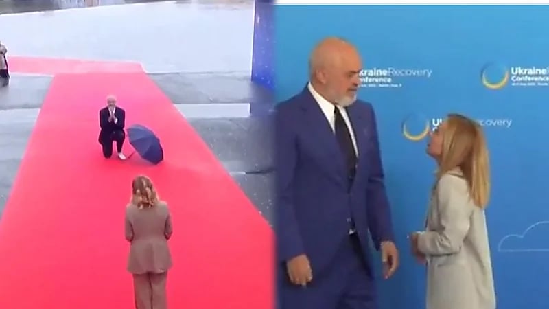 رئيس وزراء ألبانيا ينحنى على ركبته أثناء استقبال رئيسة وزراء إيطاليا جورجا ميلوني.. فيديو
