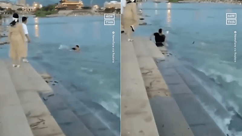 مقطع فيديو بطولي لشاب ينقذ فتاه من الغرق