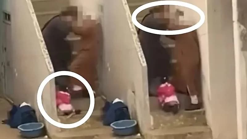 مشهد صادم لمغربي يعتدي على جارته وطفلتها بسبب الإيجار .. فيديو