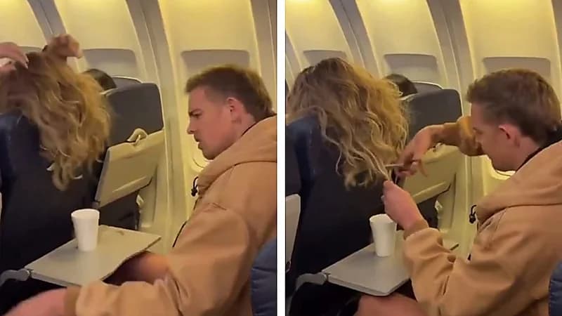 شاب يقص شعر فتاة على متن طائرة بعد خلاف على المقعد.. فيديو