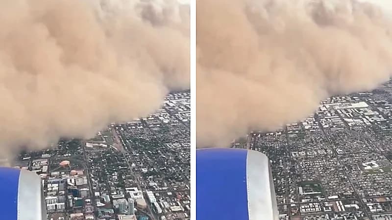 عاصفة رملية تضرب مدينة وتكشف تأثير الغبار على محركات الطائرات .. فيديو