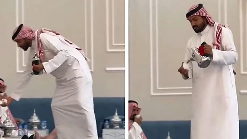 بالثوب والشماغ.. عامل بنغلاديشي يقدم القهوة ويخطف أنظار المتابعين .. فيديو